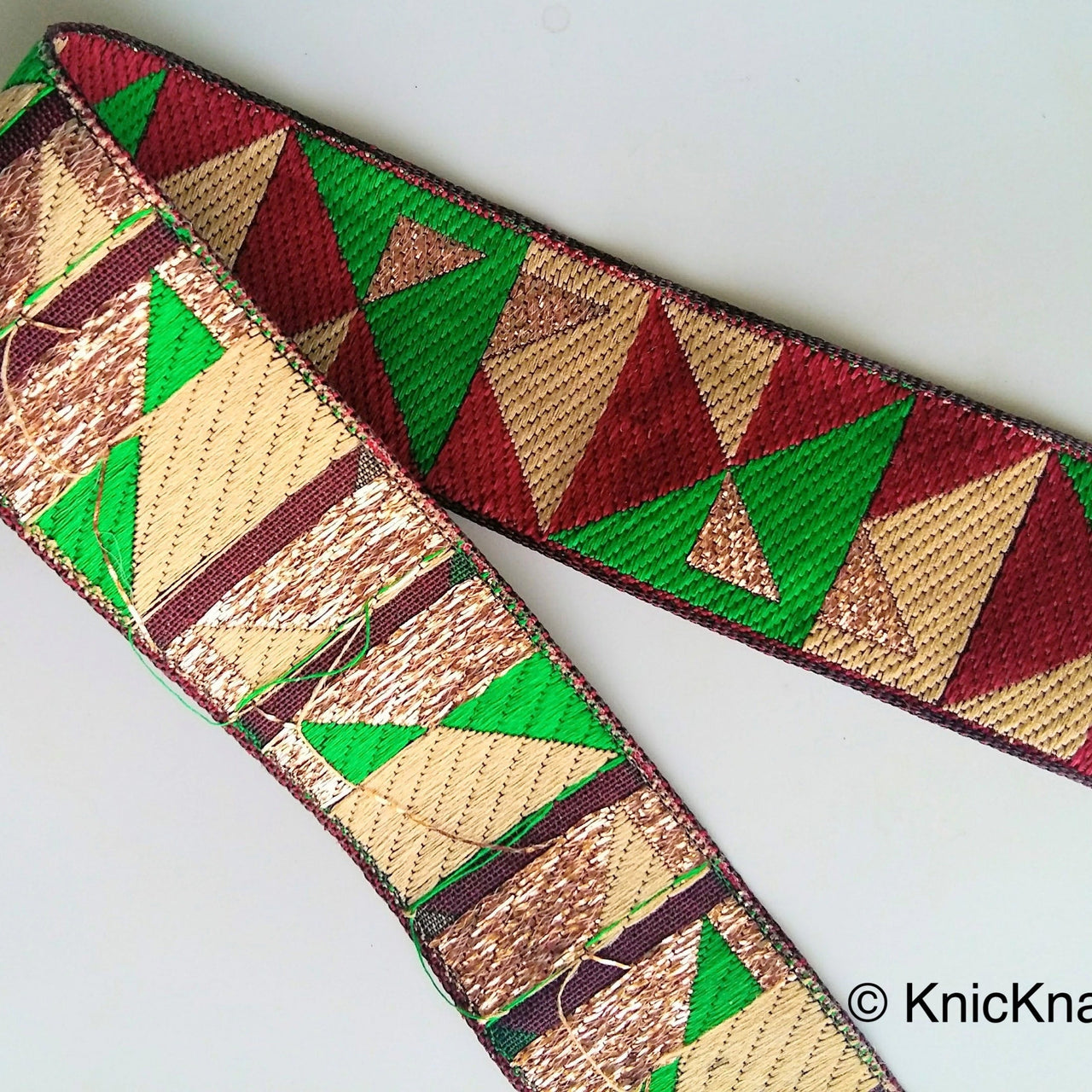 Green, Maroon Red, Beige And Gold Embroidered Trim