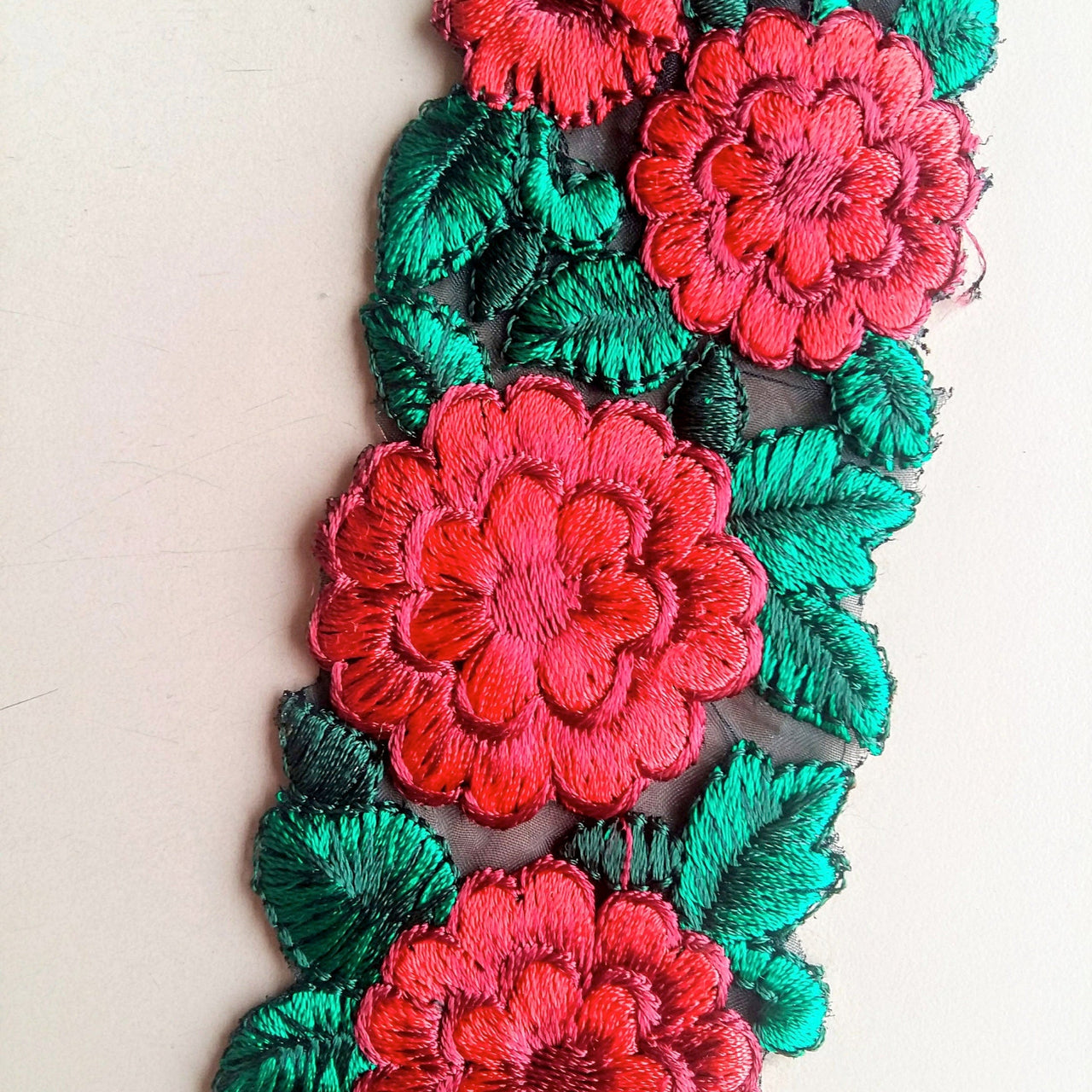 Black Fabric Trim With Red And Green Floral Embroidery, 50mm wide - 200317L332
