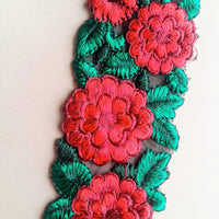 Thumbnail for Black Fabric Trim With Red And Green Floral Embroidery, 50mm wide - 200317L332