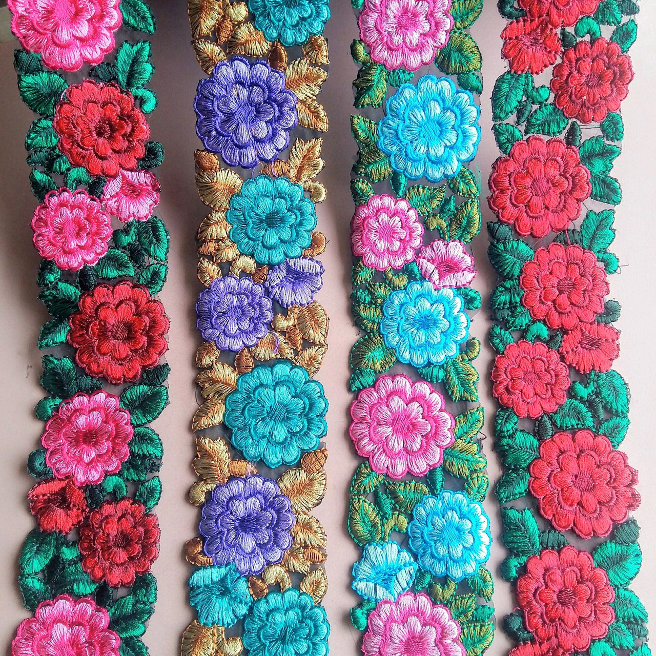 Black Fabric Trim With Pink, Blue And Green Floral Embroidery, 50mm wide - 200317L334