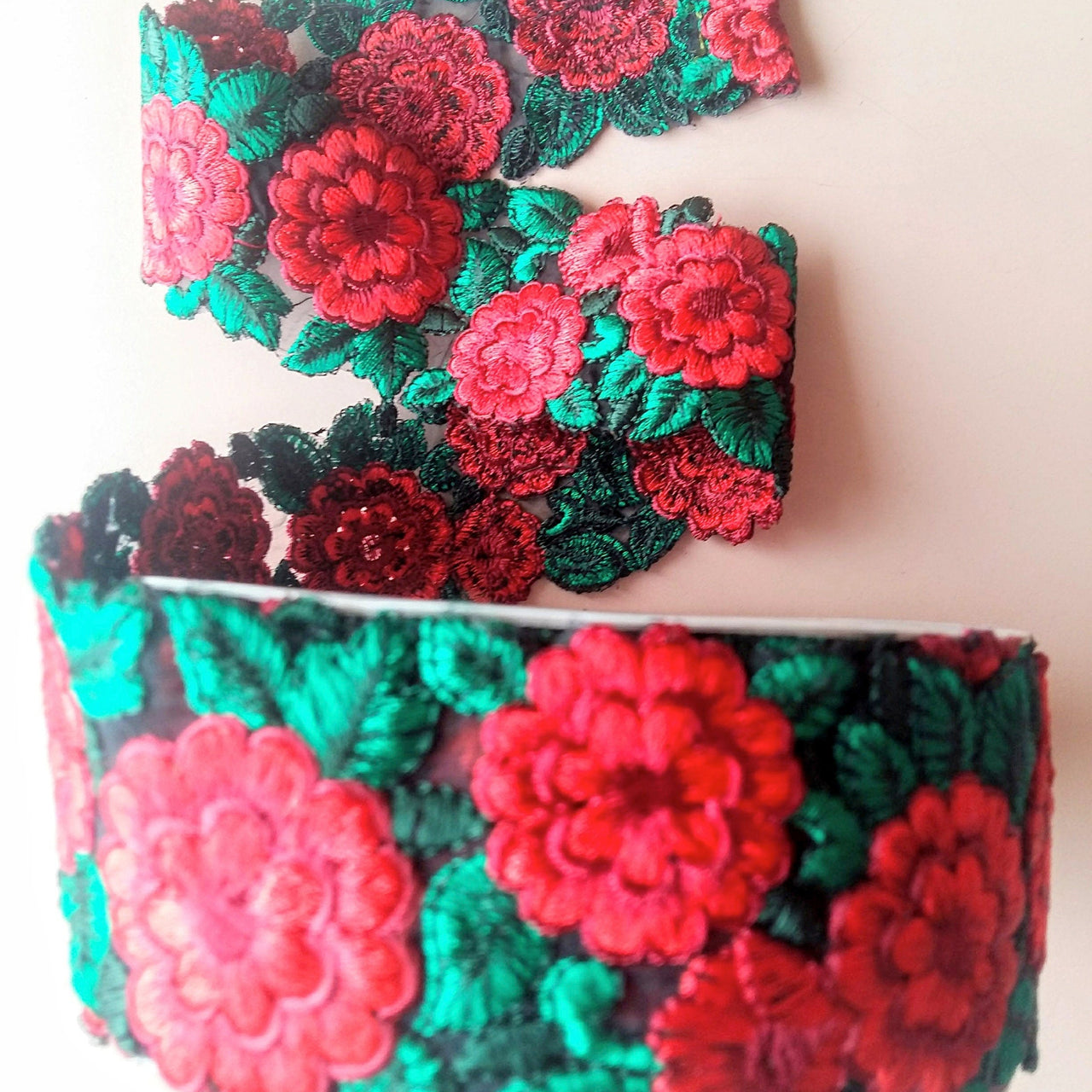 Black Fabric Trim With Red And Green Floral Embroidery, 50mm wide - 200317L332