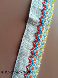 Thumbnail for White / Black Threaded Trim With Red, Blue, Yellow And Orange Embroidery, Approx. 38mm Wide - 200317L100/01Trim