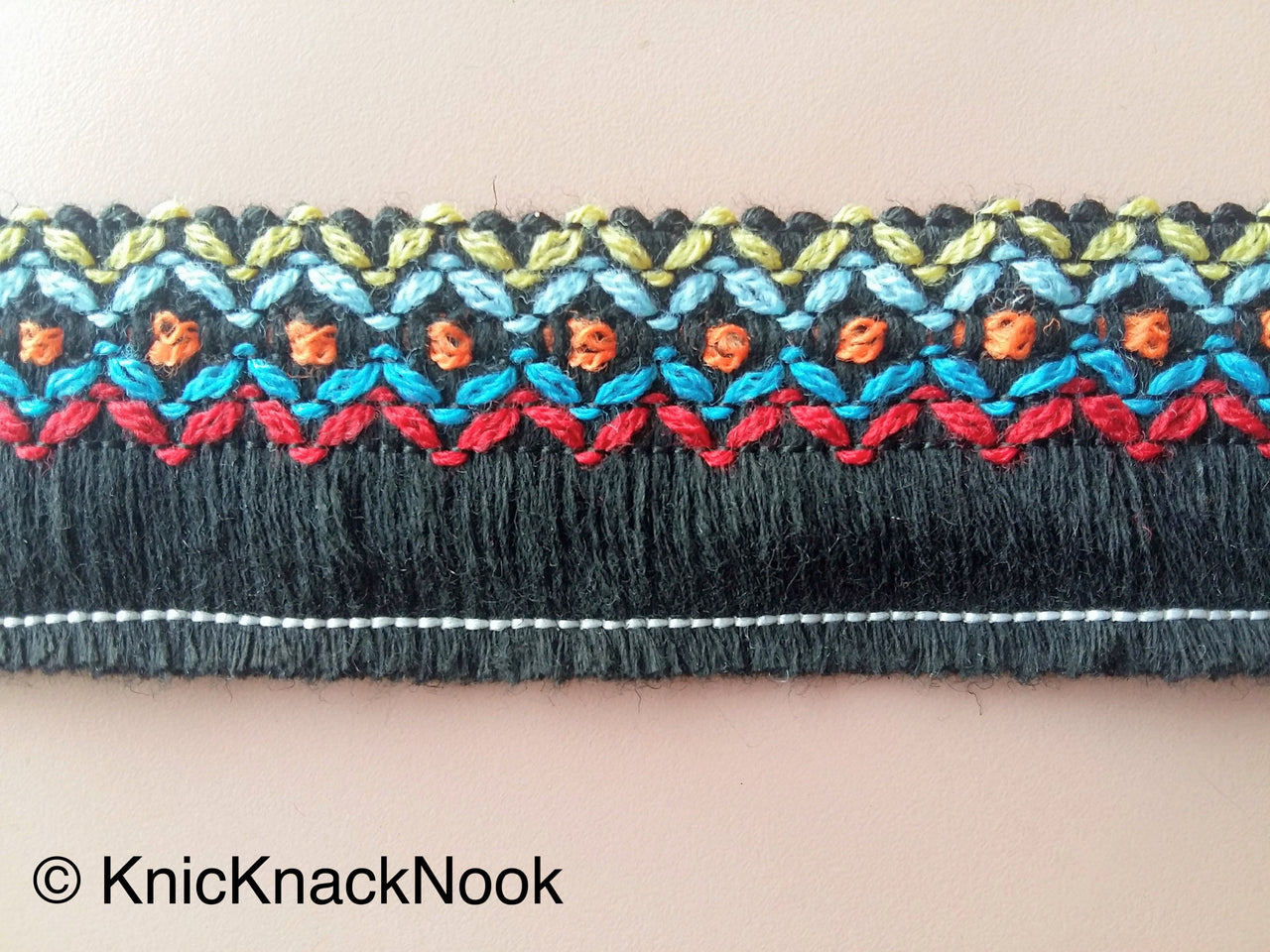 White / Black Threaded Trim With Red, Blue, Yellow And Orange Embroidery, Approx. 38mm Wide - 200317L100/01Trim