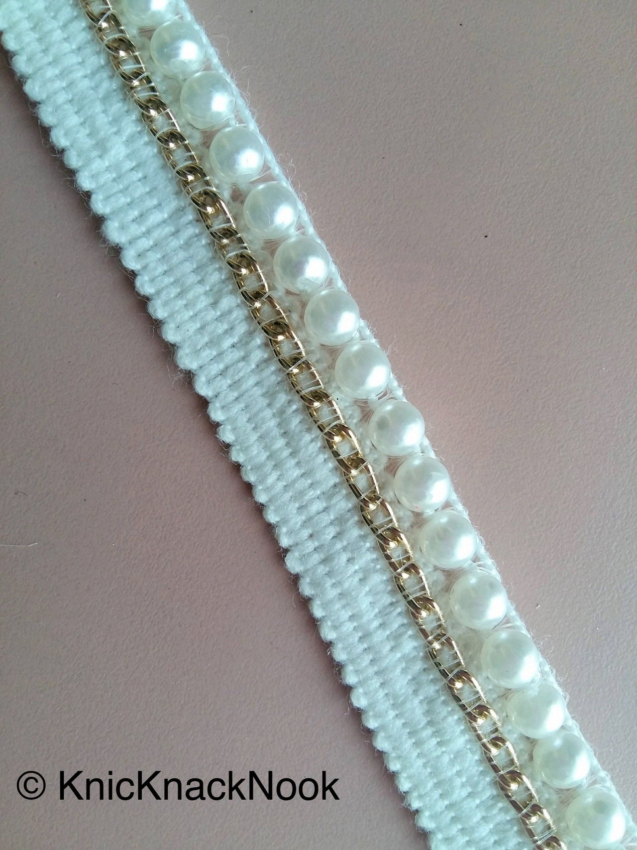 White Pearl Embellishments On White Cotton And Gold Threaded Trim, Dyeable Trim, Approx. 20 mm wide - 200317L105