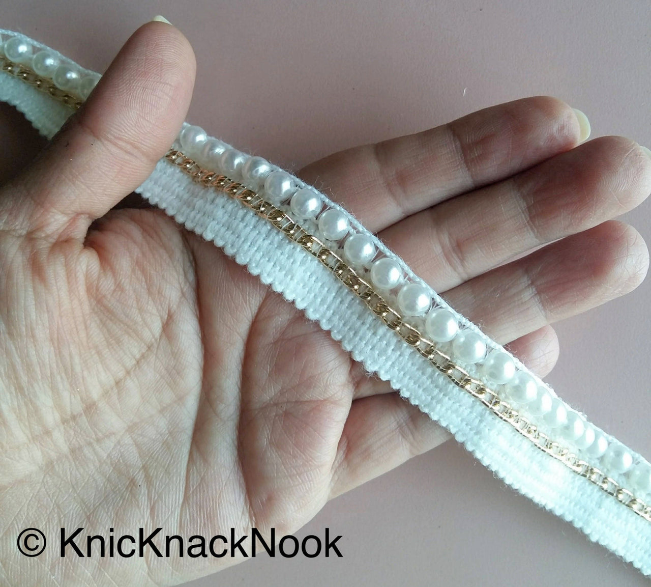 White Pearl Embellishments On White Cotton And Gold Threaded Trim, Dyeable Trim, Approx. 20 mm wide - 200317L105
