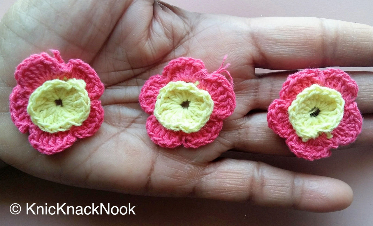 Pink And Yellow Crochet Flower Appliqué x 3 - 200317A115E