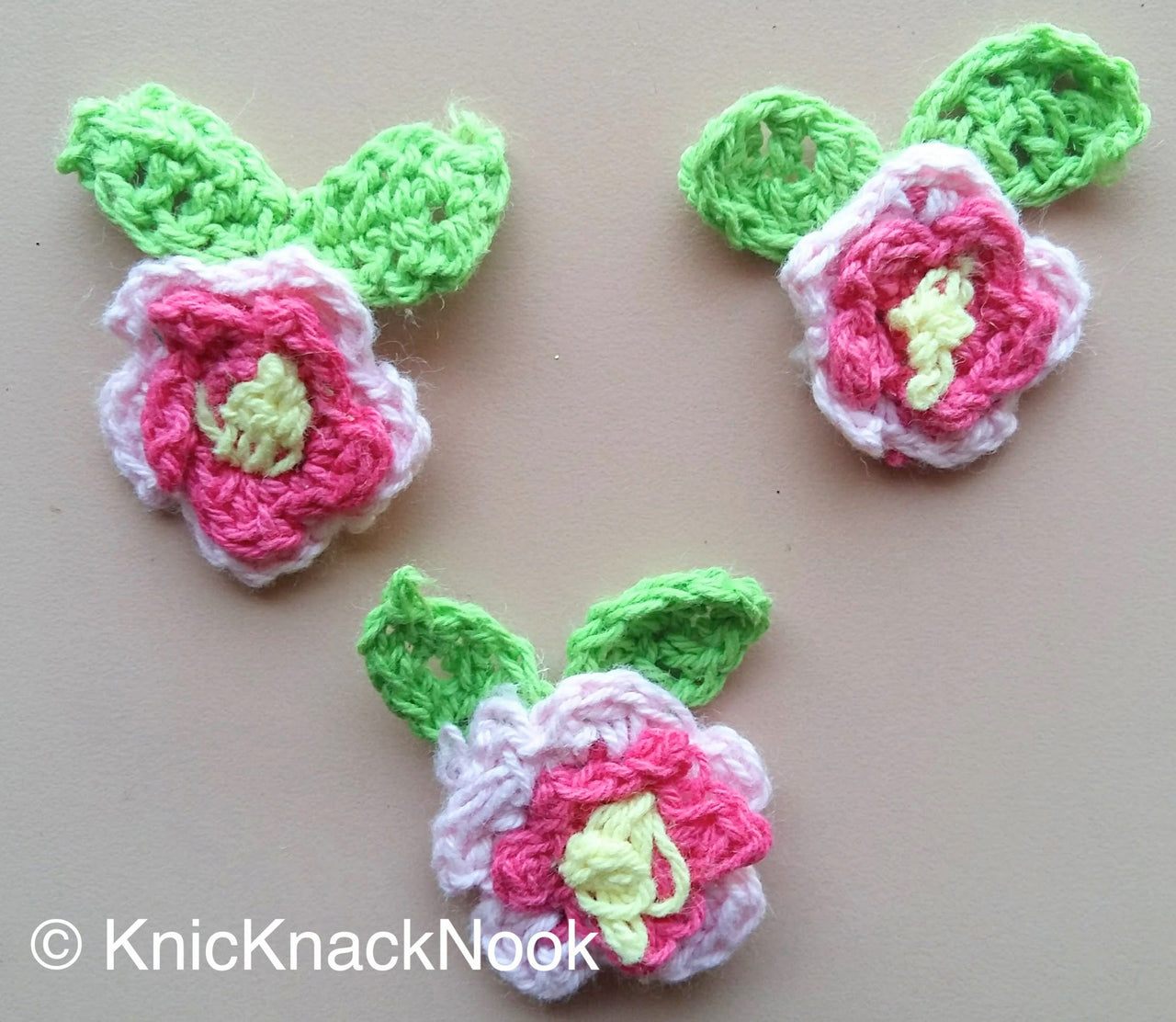 Pink, Fuchsia, Yellow And Green Crochet Flower And Leaves Appliqué x 3 - 200317A115F