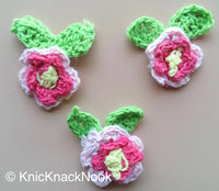 Thumbnail for Pink, Fuchsia, Yellow And Green Crochet Flower And Leaves Appliqué x 3 - 200317A115F