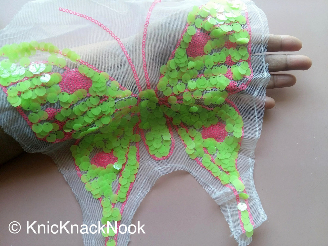Neon Pink And Neon Yellow Sequins Butterfly On Net, Appliqué Patches x 1 - 200317A118B