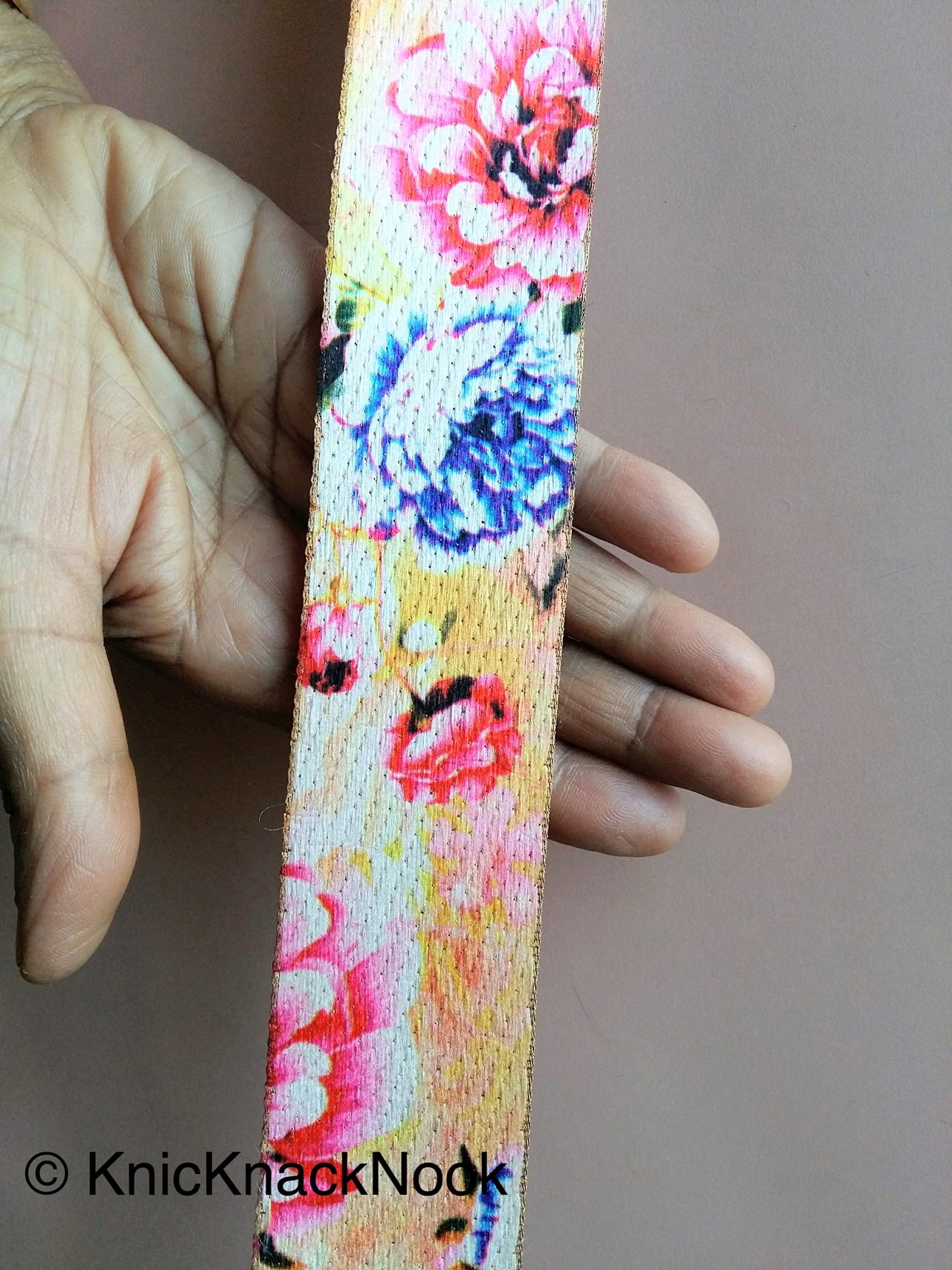 Beige, Pink, Blue and Brown Print Floral Fabric Trim