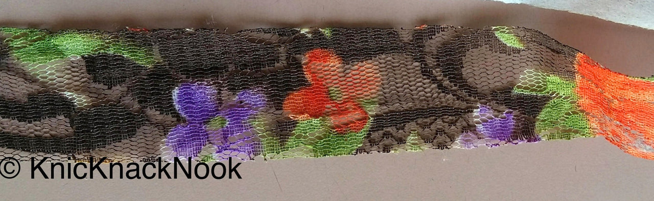 Brown, Orange, Green And Lilac Purple Floral Net Lace Trim Ribbon 30mm wide - 200317L25