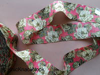 Thumbnail for Coral Pink And Green Bhagalpuri Silk Fabric Trim Floral Designs, Approx. 40mm - 200317L28