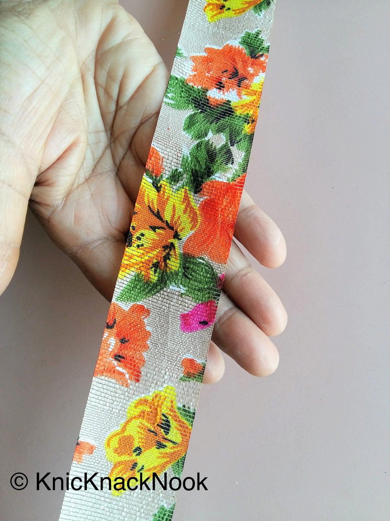 Yellow & Orange Bhagalpuri Silk Trim Floral Designs Decorative Craft Ribbon Giftwrapping Ribbon Fashion Trim Costume Trim, Trim By 4 Yards