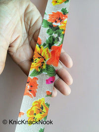 Thumbnail for Yellow & Orange Bhagalpuri Silk Trim Floral Designs Decorative Craft Ribbon Giftwrapping Ribbon Fashion Trim Costume Trim, Trim By 4 Yards