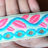 Thumbnail for Beige Trim With Pink, Blue And Gold Leaves On Vine Embroidery, Approx. 30mm Wide - 200317L124