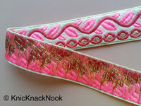 Thumbnail for Wholesale Beige Trim With Pink And Gold Leaves On Vine Weave Jacquard Trim, Approx. 30mm Wide Trim by 9 Yards, Indian Border Craft Ribbon