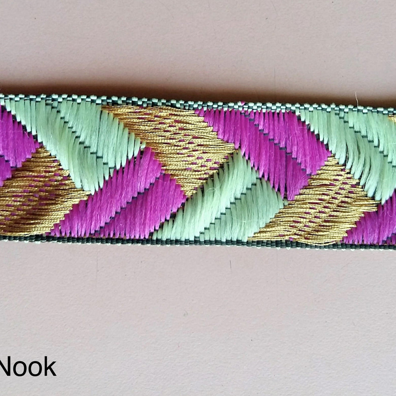 Purple / Fuchsia Pink, Green And Gold Embroidered Trim, Geometric Pattern