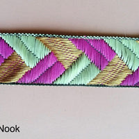 Thumbnail for Purple / Fuchsia Pink, Green And Gold Embroidered Trim, Geometric Pattern