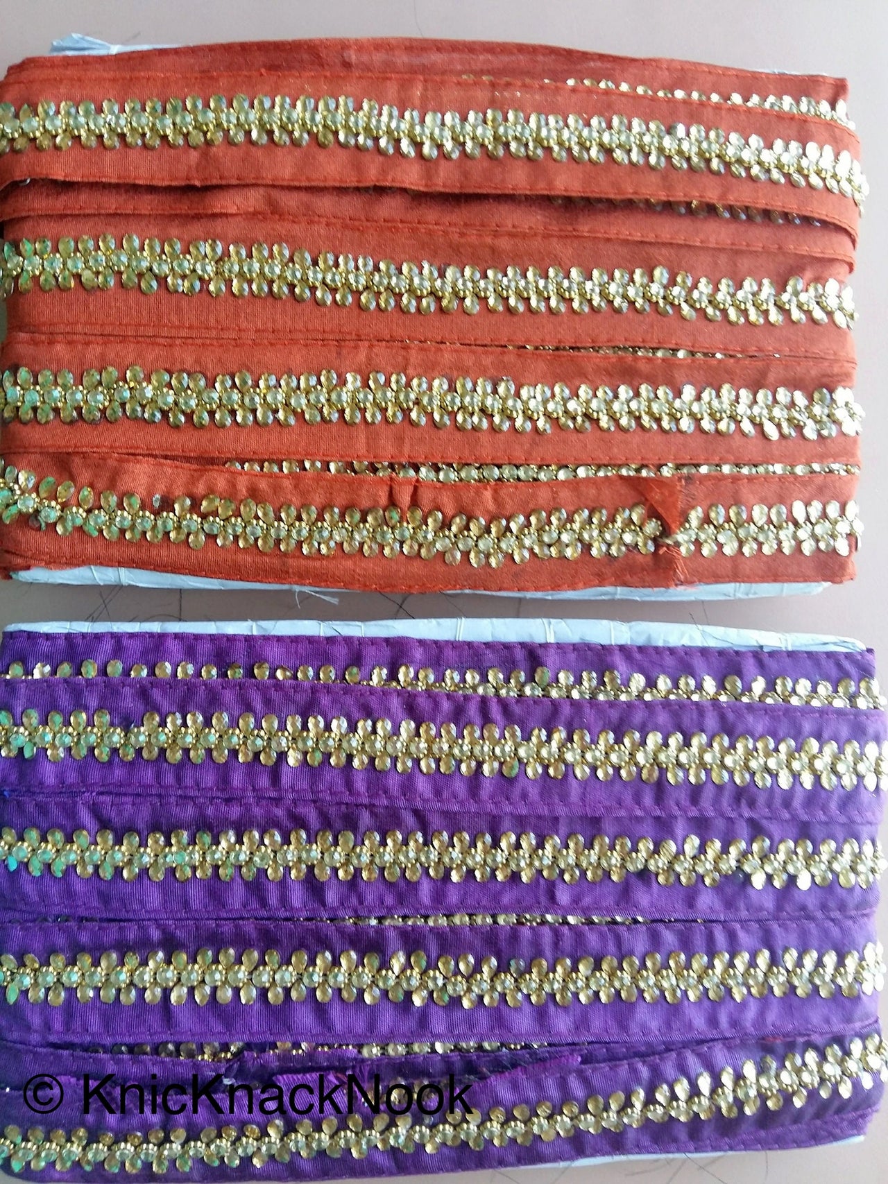 Brick Red Brown / Purple Fabric Trim With Silver And Gold Kundan Beads Work, Approx. 30mm Wide - 200317L524/25Trim