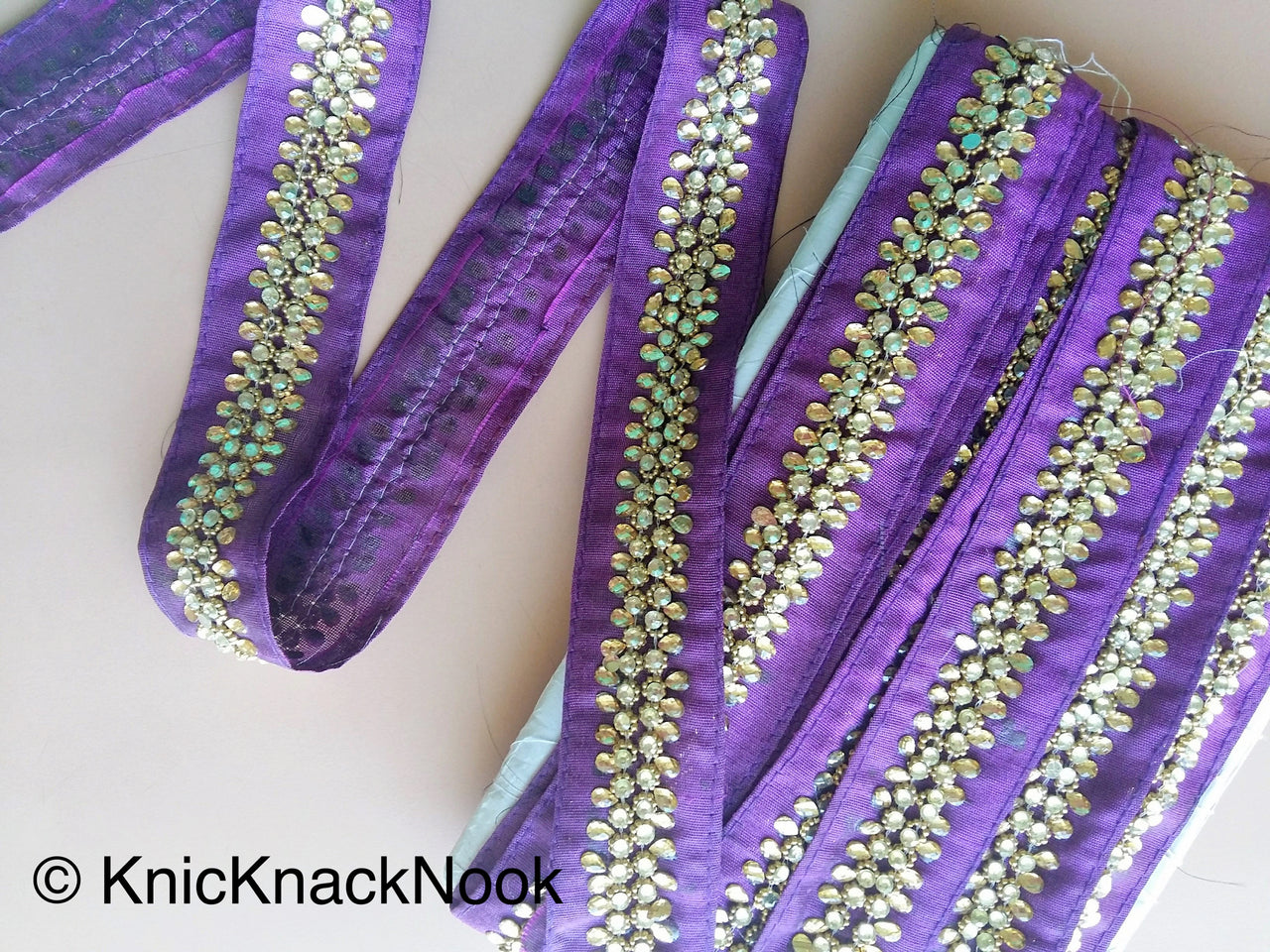 Purple / Blue / Brown Fabric Trim With Silver And Gold Kundan Beads Work, Approx. 36mm Wide - 200317L526/27/28Trim