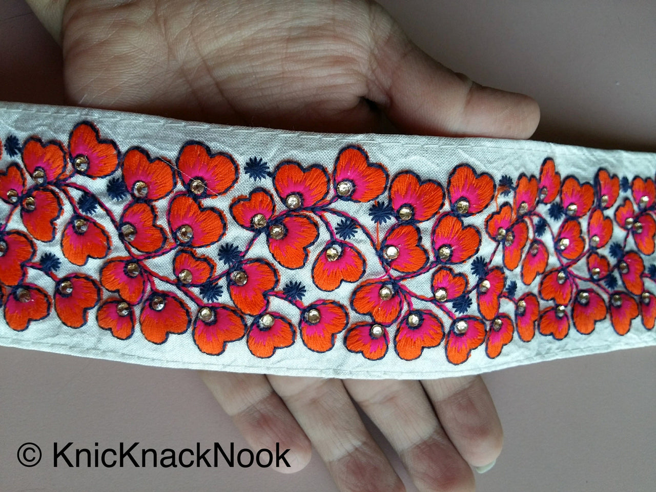 Beige Fabric Trim With Green / Orange / Fuchsia Pink Floral Embroidery, 58mm wide - 200317L454 / 55 / 56