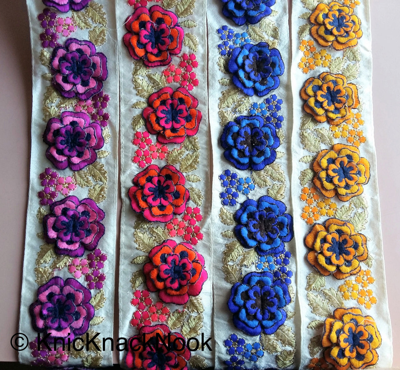 Beige Fabric Trim With Yellow, Orange, Gold And Blue Floral Embroidery