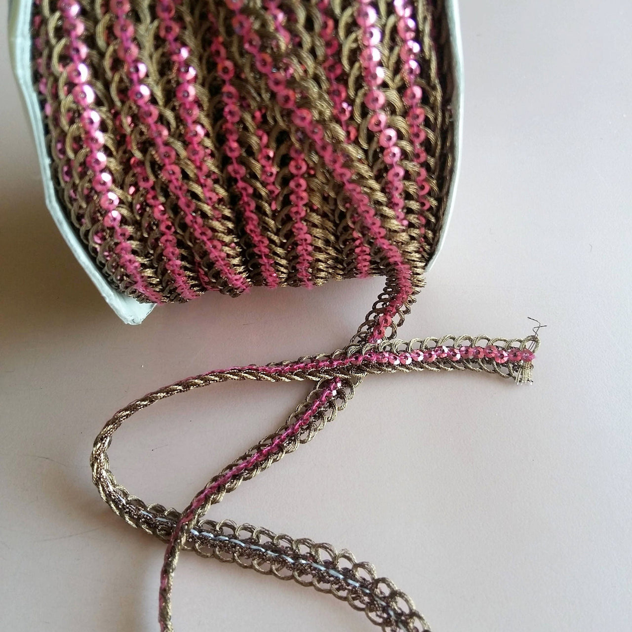 Bronze Braided Sequins Trim With Purple / Blue / Pink Sequins, Approx. 6 mm wide, Trim by 3 yards