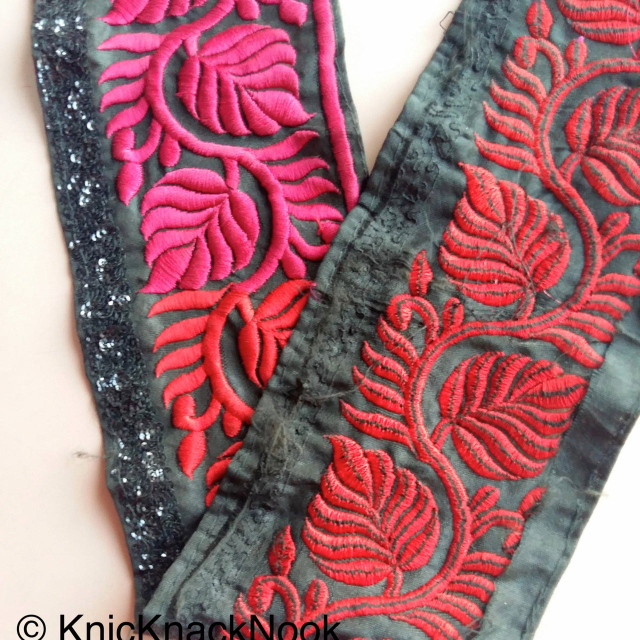 Black Fabric With Red And Magenta Pink Leaves Embroidery And Black Sequins Trim, Approx. 14cm wide - 200317L472