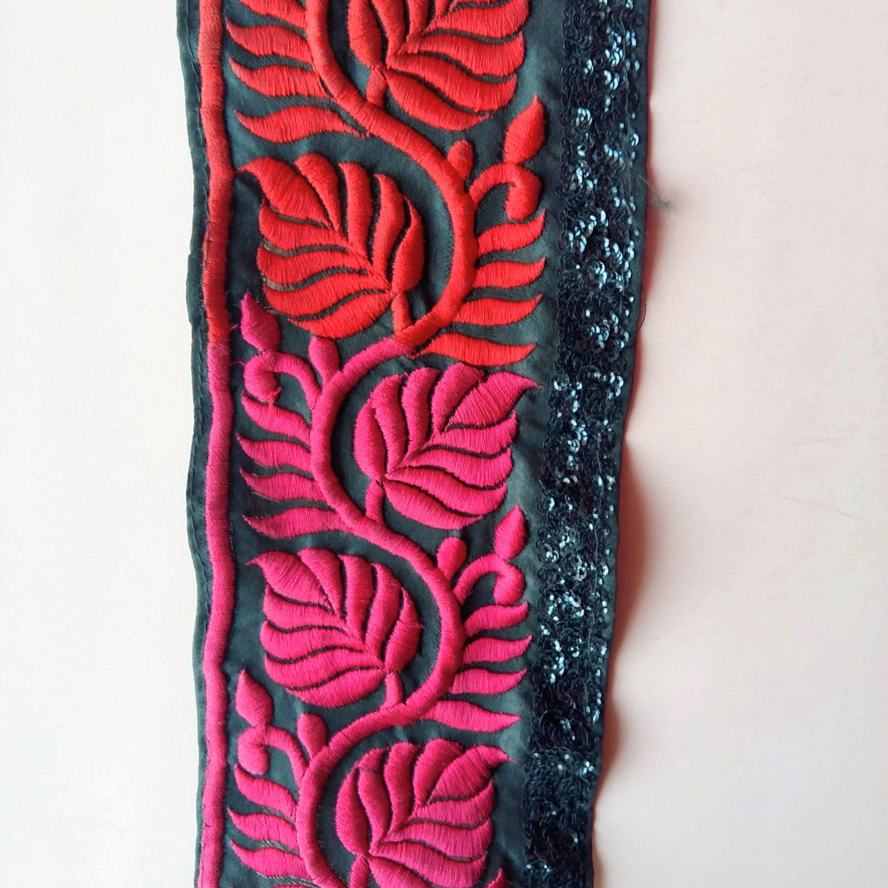 Black Fabric With Red And Magenta Pink Leaves Embroidery And Black Sequins Trim, Approx. 14cm wide - 200317L472