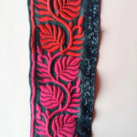 Thumbnail for Black Fabric With Red And Magenta Pink Leaves Embroidery And Black Sequins Trim, Approx. 14cm wide - 200317L472