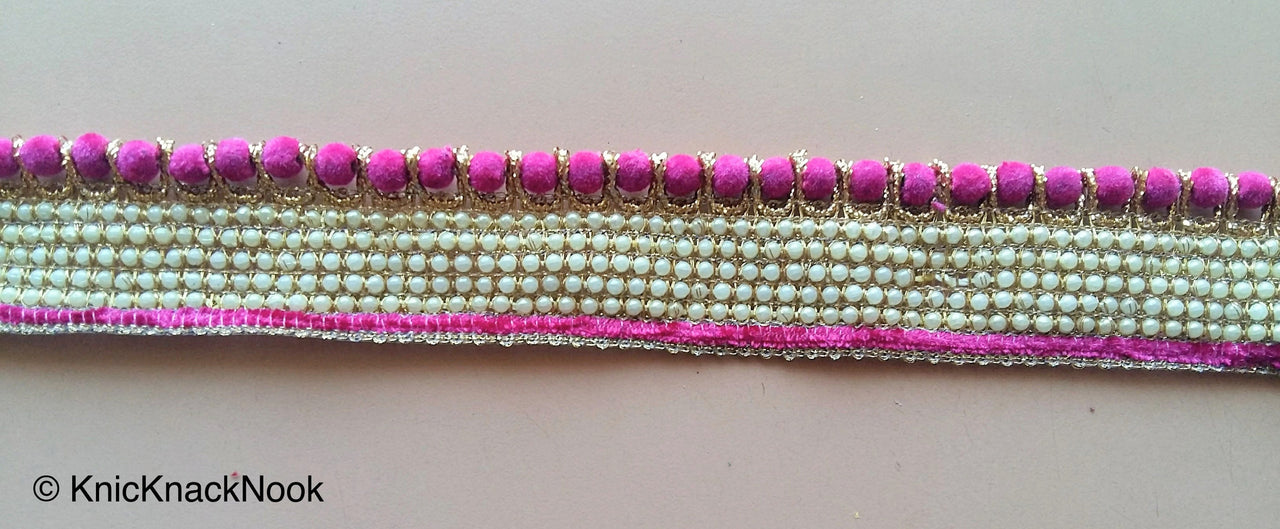 Green / Fuchsia Pink / Beige Velvet Trim With Off White Seed Pearls And Gold Threadwork, Approx. 30mm Wide - 200317L478 / 79 / 80