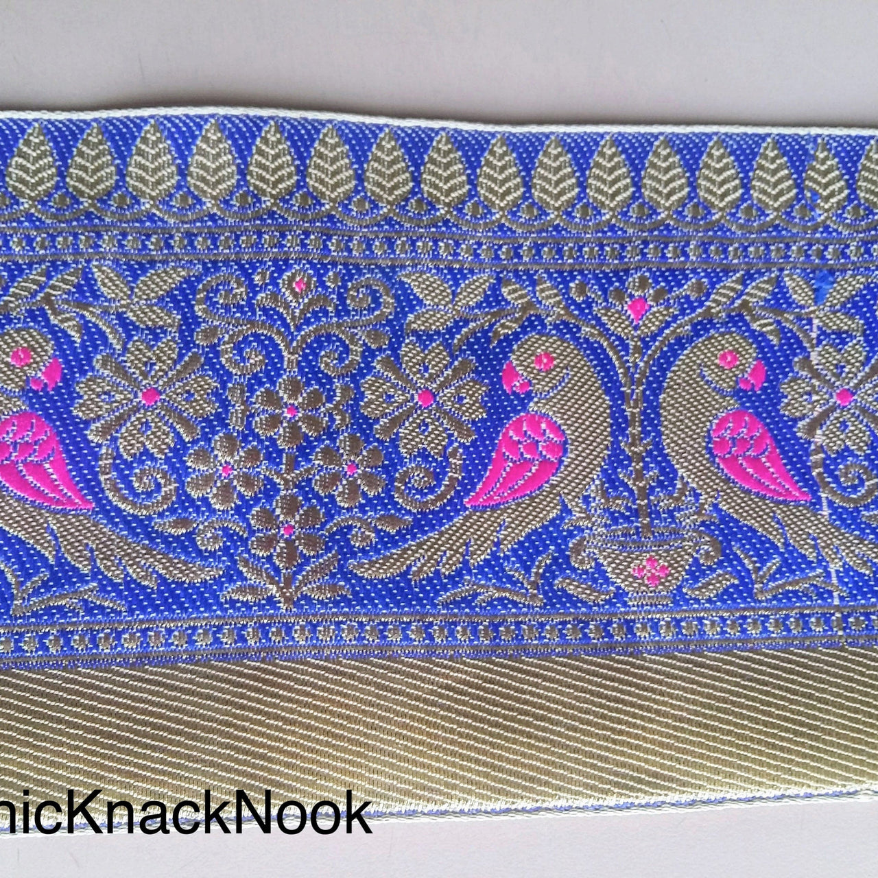 Gold, Blue And Fuchsia Pink Fabric Lace, Parrots And Floral Design Embroidery