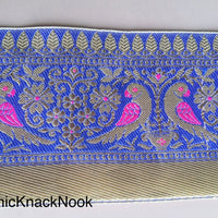 Thumbnail for Gold, Blue And Fuchsia Pink Fabric Lace, Parrots And Floral Design Embroidery