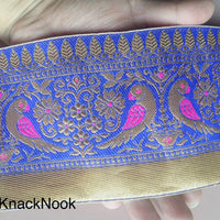 Thumbnail for Gold, Blue And Fuchsia Pink Fabric Lace, Parrots And Floral Design Embroidery