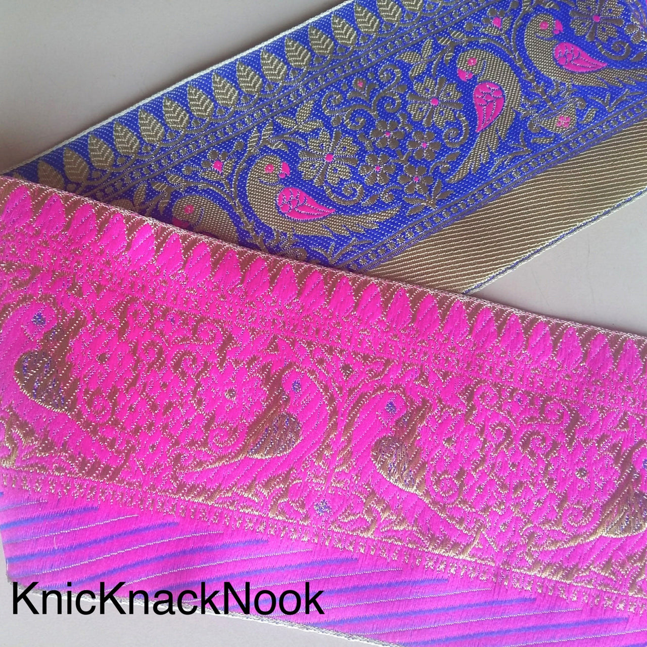 Gold, Blue And Fuchsia Pink Fabric Lace, Parrots And Floral Design Embroidery