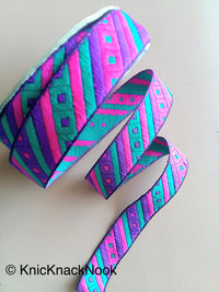 Thumbnail for Fuchsia Pink, Purple And Teal Green Stripes and Square Geometric Pattern Embroidered Trim, Approx. 20mm Wide - 200317L394
