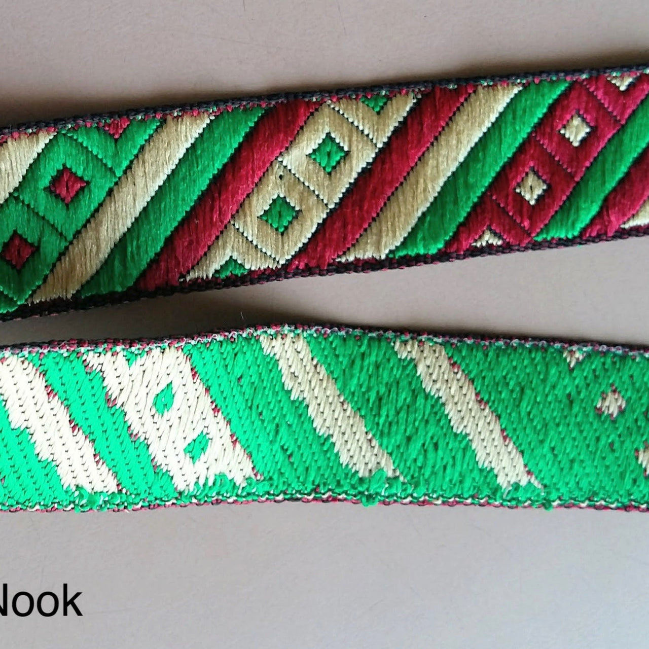 Maroon Red, Green And Beige Stripes and Square Geometric Pattern Embroidered Trim, Approx. 20mm Wide - 200317L395