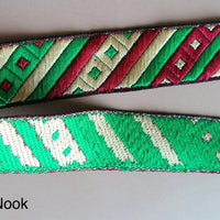 Thumbnail for Maroon Red, Green And Beige Stripes and Square Geometric Pattern Embroidered Trim, Approx. 20mm Wide - 200317L395