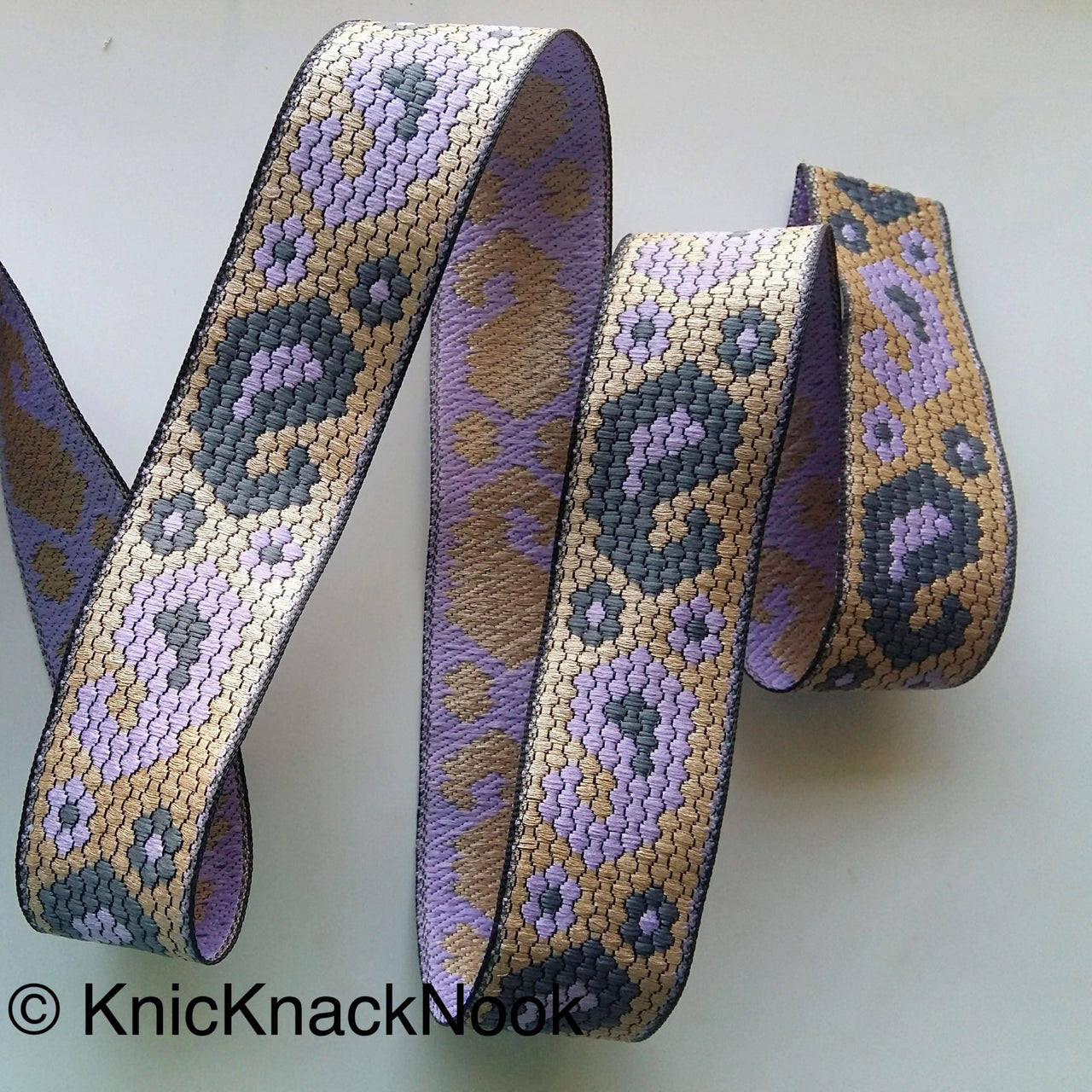 Grey, Blue And Purple Trim With Floral And Paisley Embroidery, Approx. 32mm Wide - 200317L372