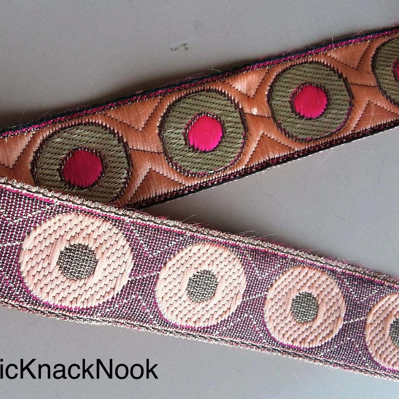 Orange / Blue / Beige Embroidered Trim with Gold and Pink Circle Pattern, Approx. 30mm Wide - 200317L409/10/11