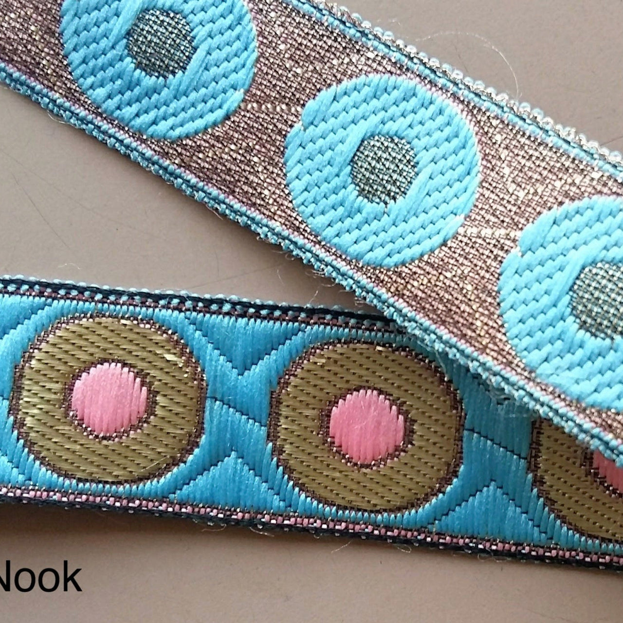 Orange / Blue / Beige Embroidered Trim with Gold and Pink Circle Pattern, Approx. 30mm Wide - 200317L409/10/11