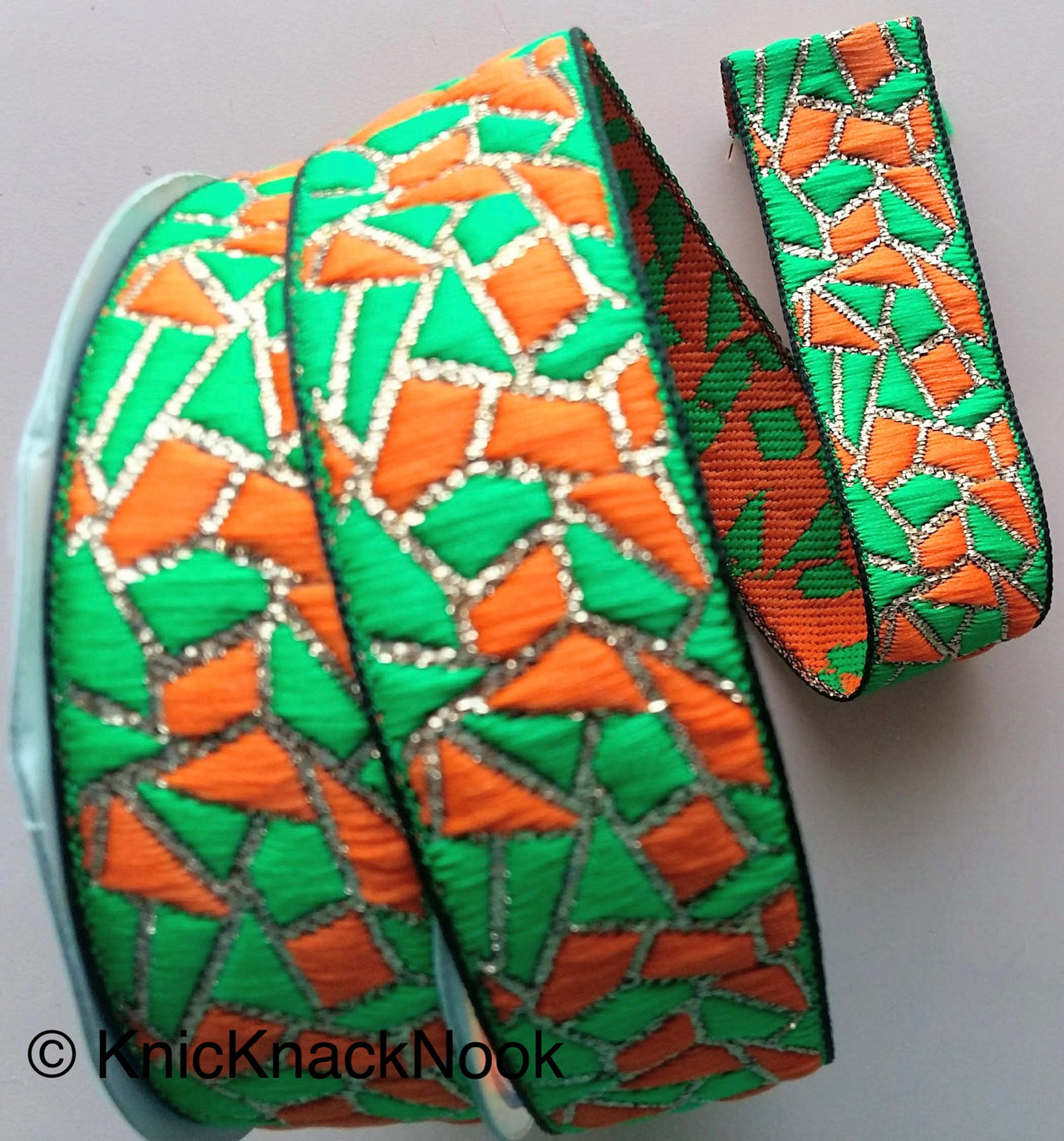 Green, Orange And Gold Embroidered Trim, Geometric Pattern