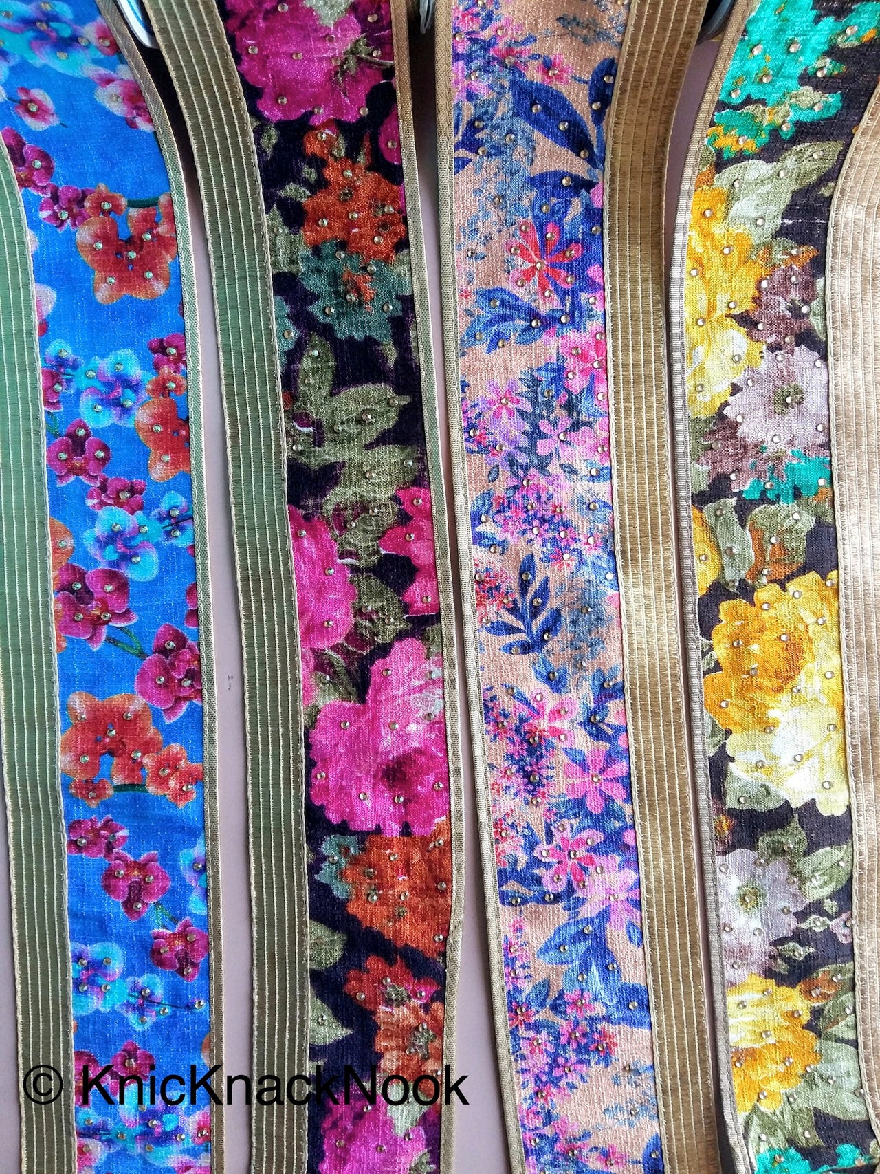 Blue And Gold Fabric Trim With Pink, Orange And Blue Floral Design Embellished With Diamantes, Digital Print Trim Border - 200317L403