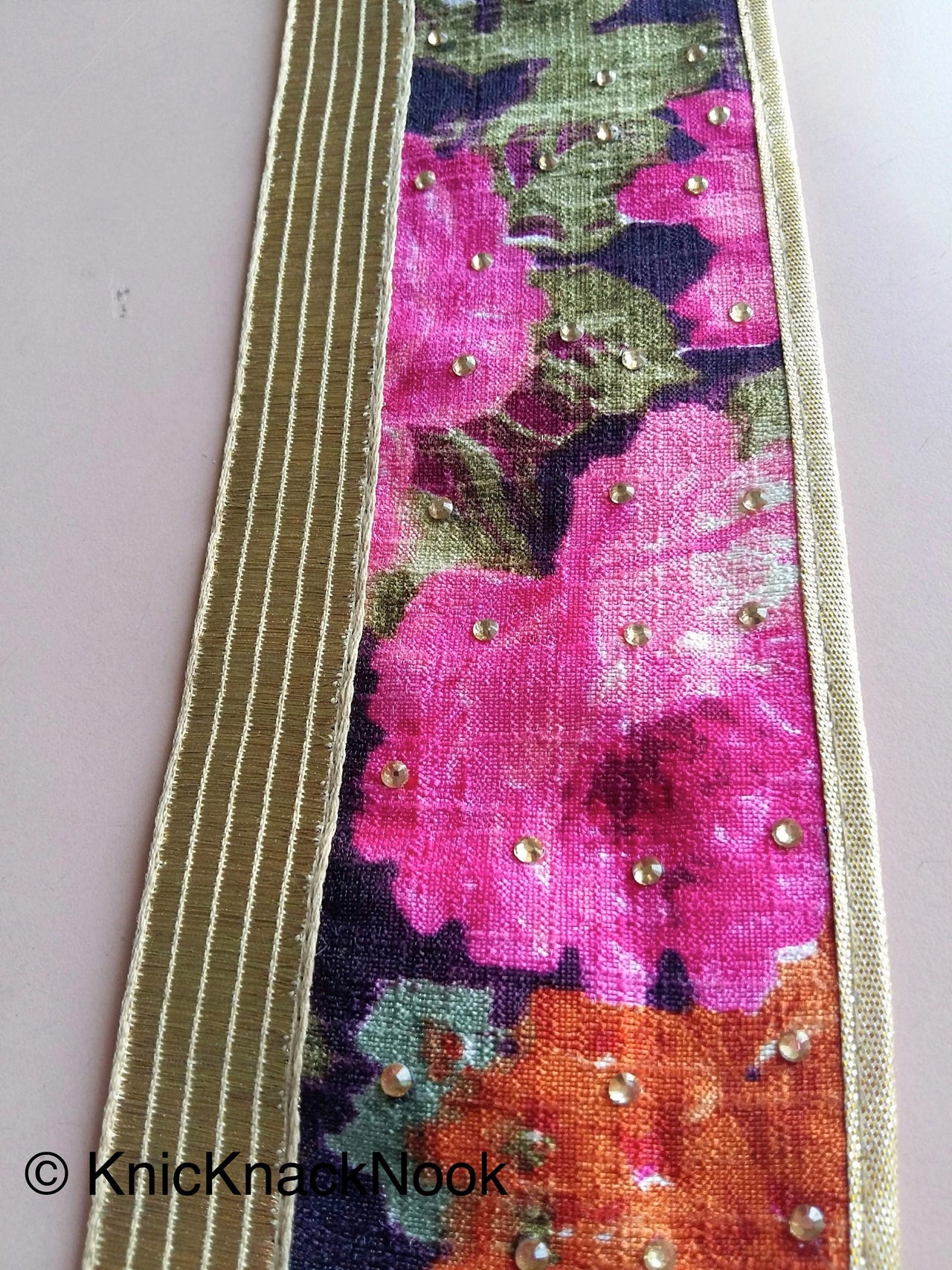 Purple And Gold Fabric Trim With Fuchsia, Green And Orange Floral Design Embellished With Diamantes, Digital Print Trim Border - 200317L405