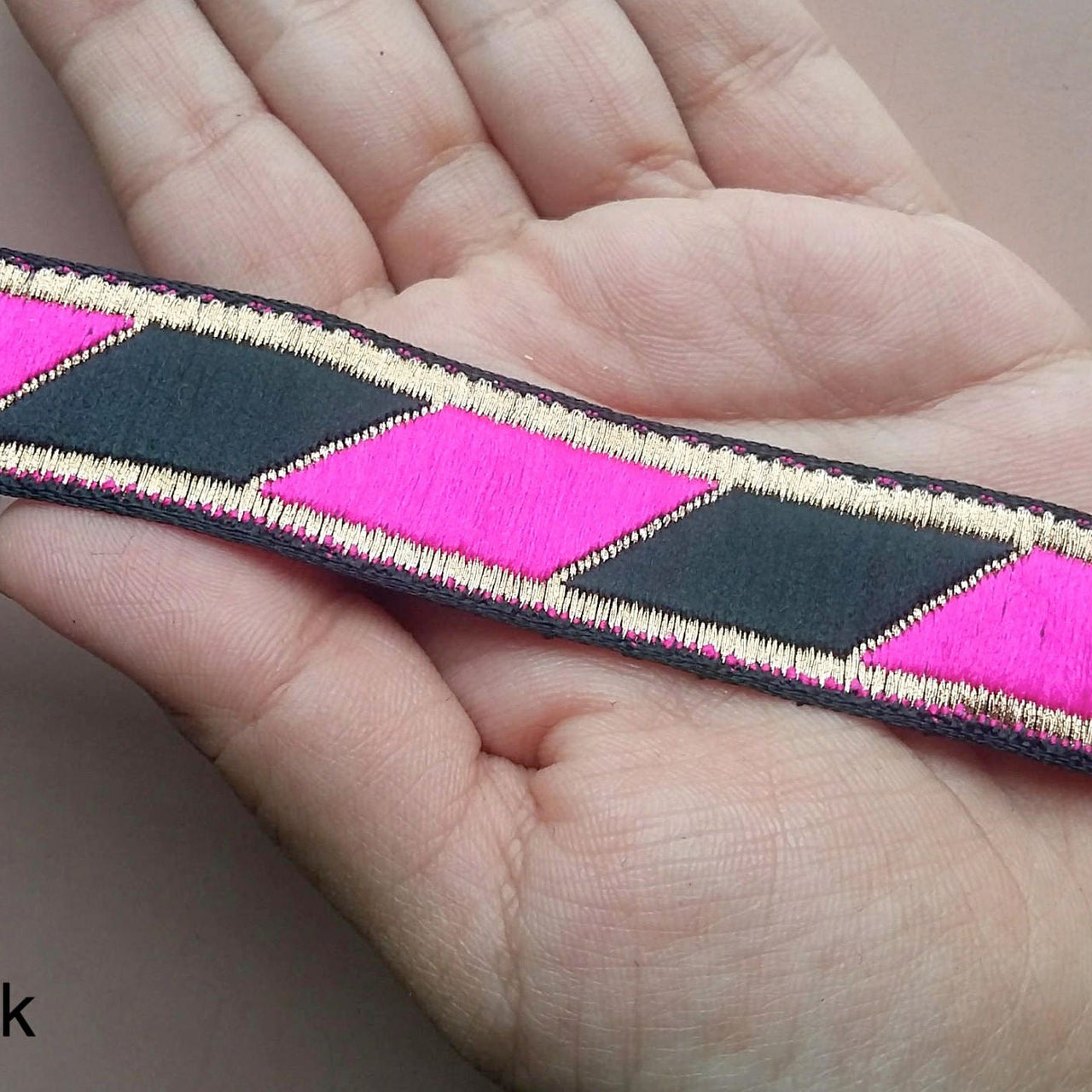 Black, Fuchsia Pink And Bronze Thread Embroidered Lace Trim, 20mm wide - 200317L337
