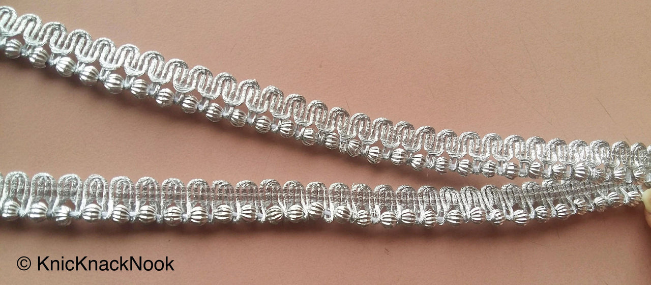 Silver Thread Woven Trim Embellished With Silver Beads, Beaded Trim, Approx. 10 mm wide - 200317L326