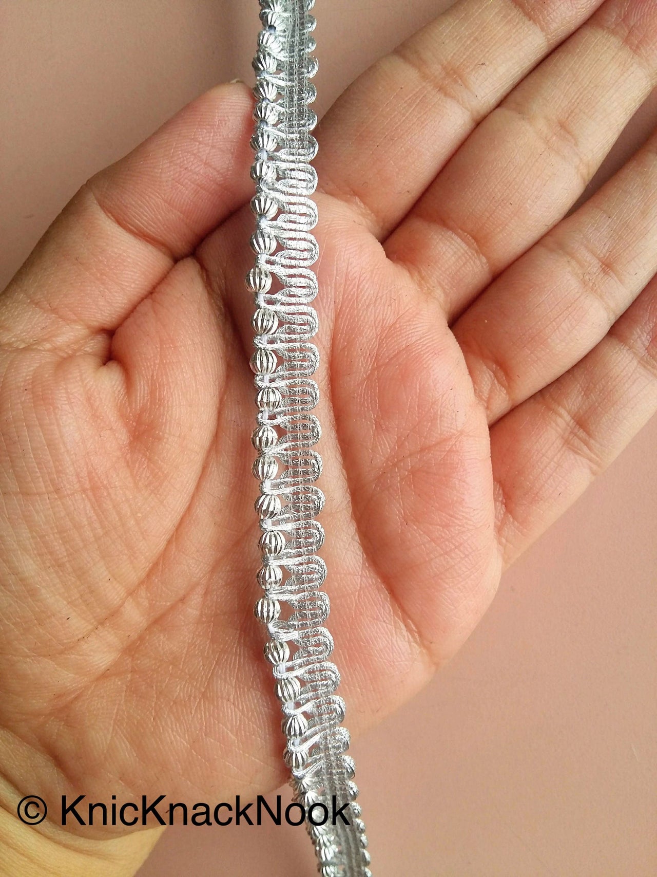 Silver Thread Woven Trim Embellished With Silver Beads, Beaded Trim, Approx. 10 mm wide - 200317L326