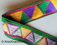 Thumbnail for Green And Pink Fabric Trim With Green, Yellow And Purple Temple Border Embroidery Lace Trim, Approx. 50mm Wide - 200317L177
