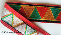 Thumbnail for Red And Black Fabric Trim With Red, Yellow And Green Temple Border Embroidery Lace Trim, Approx. 50mm Wide - 200317L178