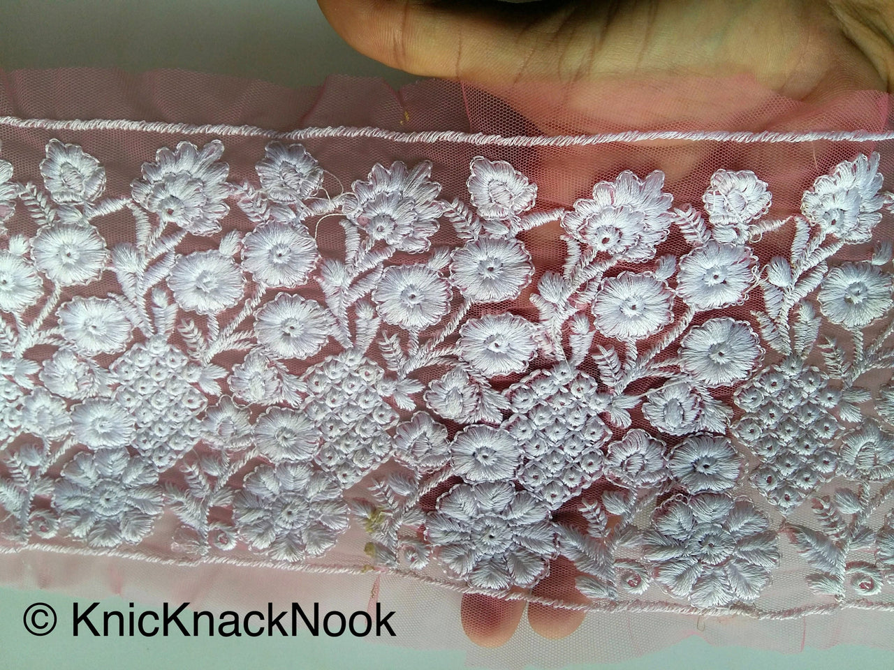 Pink Net Lace Trim With Embroidered White Flowers, Approx. 15cm Wide - 200317L174